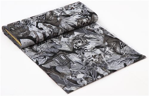 black-grey Alexander Henry gothic skull fabric with demons  4