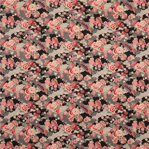 black-grey Japanese flower fabric with gold by Kokka 2