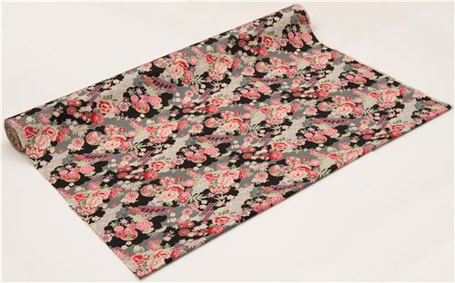 black-grey Japanese flower fabric with gold by Kokka 3