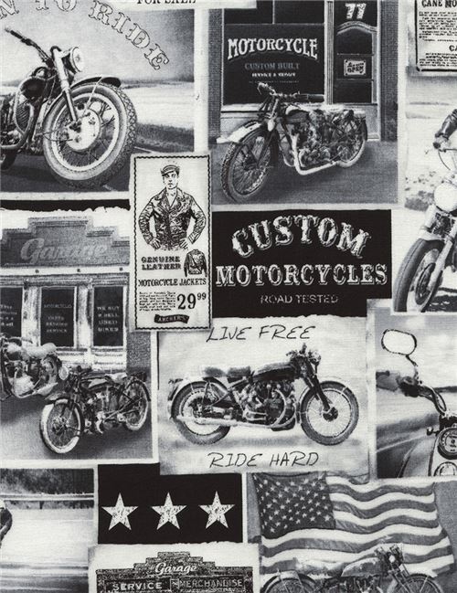 America Motor Cycle Black and White Fabric by Timeless Treasures