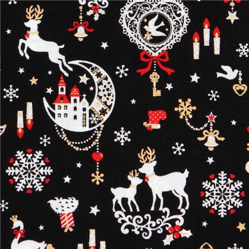 black kawaii Christmas fabric Bambi bunny glitter Japan 1