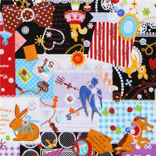 black kawaii fabric France animals sweets Japan 1