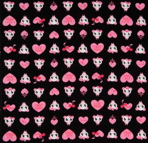 black kawaii panda fabric with pink hearts Japan 2