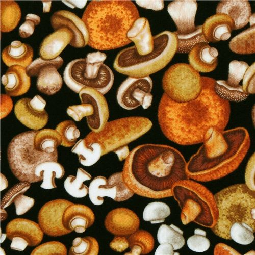 Tessuto nero con funghi di Robert Kaufman Tessuto