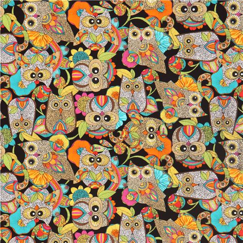schwarzer Eulen Stoff mit bunten Eulen Robert Kaufman 2
