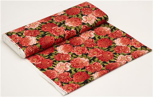 black peony flower fabric by Timeless Treasures with gold 3