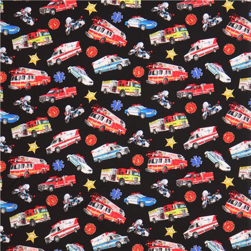 schwarzer Rettungswagen Fahrzeuge Stoff von Elizabeth's Studio aus den USA 2