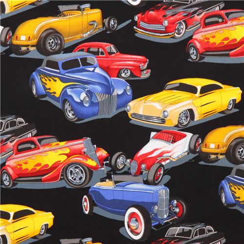 black retro Hot Rods car fabric by Alexander Henry USA 1