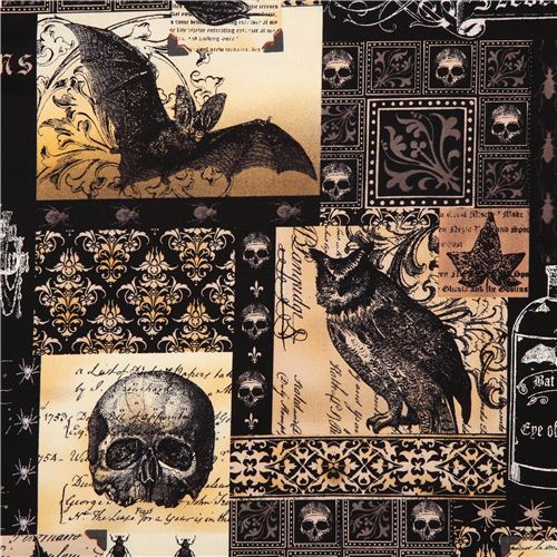 Laminado superior negro calavera Michael Miller búho murciél Tela