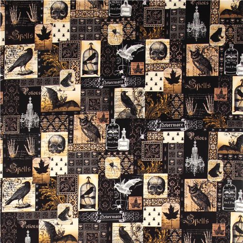 black skull premium laminate fabric Michael Miller owl bat 2