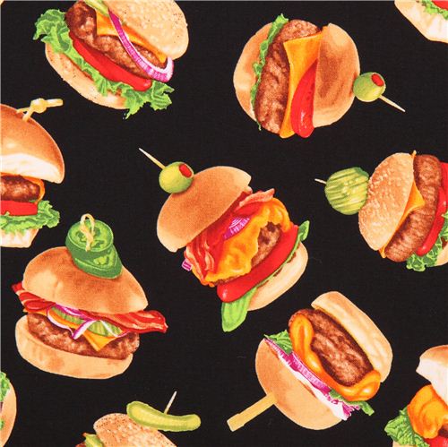 Tela negra comida hamburguesa bocado Timeless Treasures USA Tela