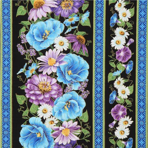 black striped Timeless Treasures embellished flower fabric Fabric by ...
