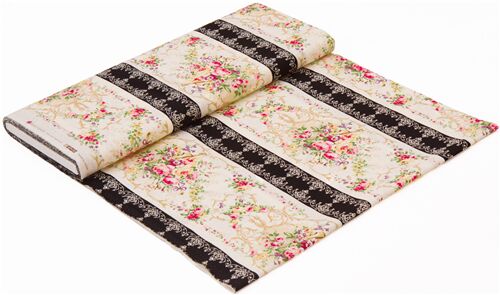 black striped cotton off white Japan fabric with flowers and ornate ...
