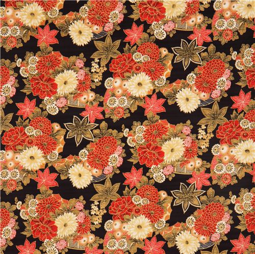 black structured cotton satin flower fabric Cosmo Fabric by Cosmo - modeS4u