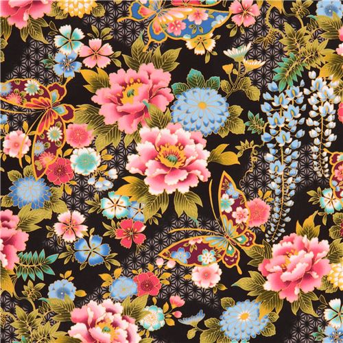 black stunning colorful flower butterfly fabric 1