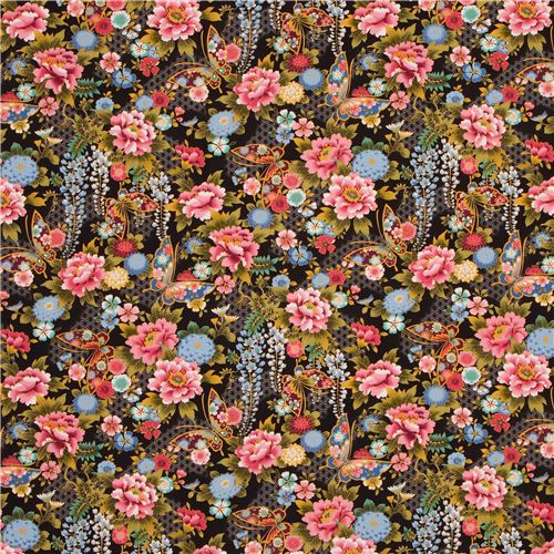 black stunning colorful flower butterfly fabric 2