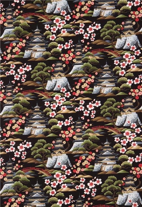 black stunning colorful flower temple fabric Fabric by Japanese Indie