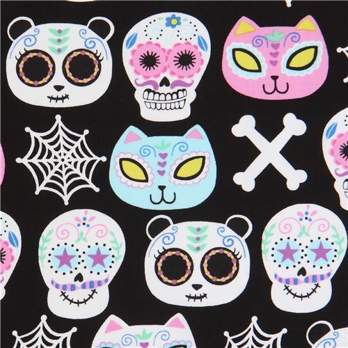 Remnant (39 x 112 cm) - black sugar skull fabric by Timeless Treasures ...