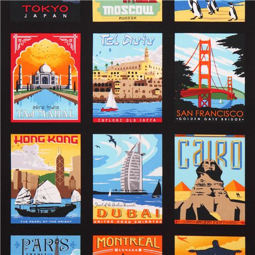 black travel city poster Cheater fabric Robert Kaufman Dream Vacation
