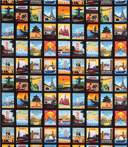 black travel city poster Cheater fabric Robert Kaufman Dream Vacation