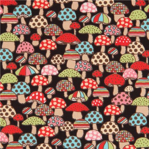 black twill colorful red green blue mushroom fabric from Japan - modeS4u