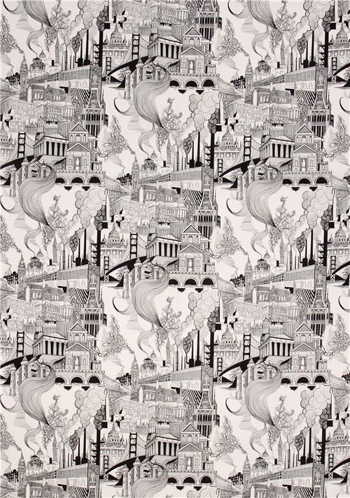 Tissu rétro Alexander Henry Smoke Stack City noir et blanc Fabric by ...