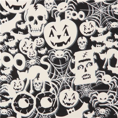 black white glow in the dark tissu d'Halloween Timeless Treasure 2
