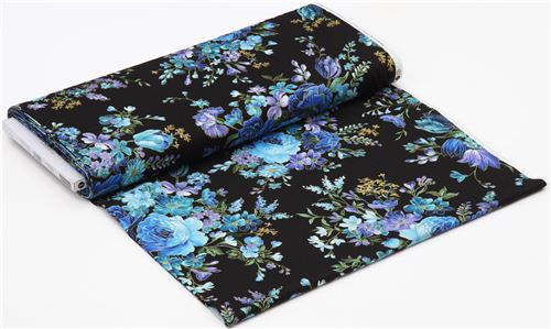 black with blue teal purple flower gold metallic fabric by Timeless ...