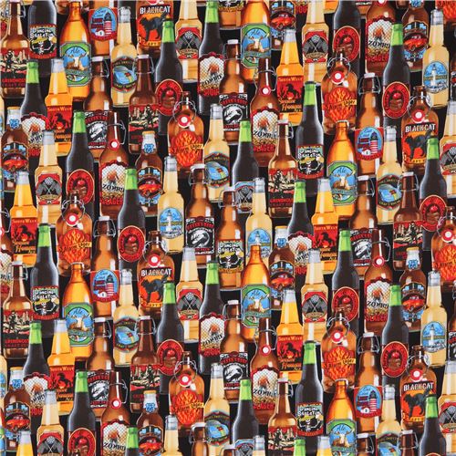 black with bottle of beer alcohol fabric Timeless Treasures Fabric by