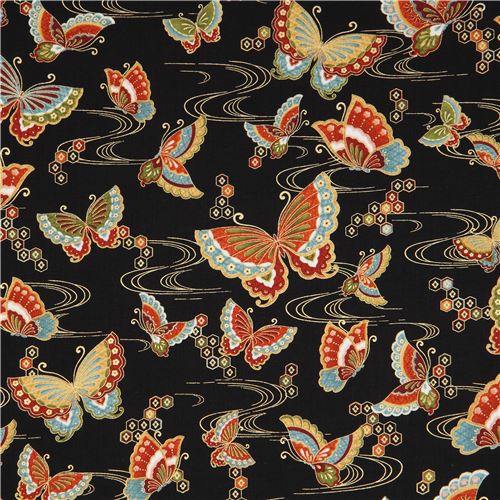 black with colorful butterfly gold metallic fabric by Timeless