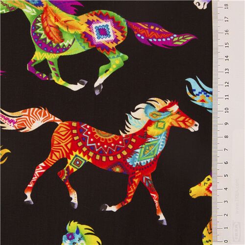 Stoffrest (41 x 112 cm) - Schwarzer buntes Pferd Muster Stoff Timeless  Treasures - modeS4u