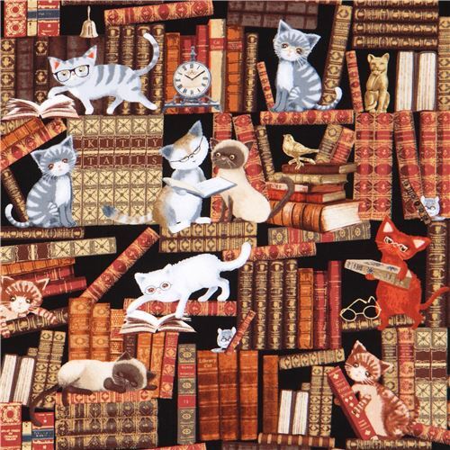 black with cute cat book fabric Timeless Treasures Fabric
