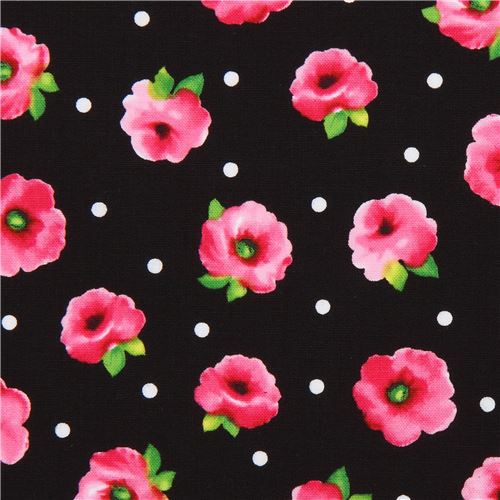 black with white dot fabric pink flower Quilting Treasures Fabric