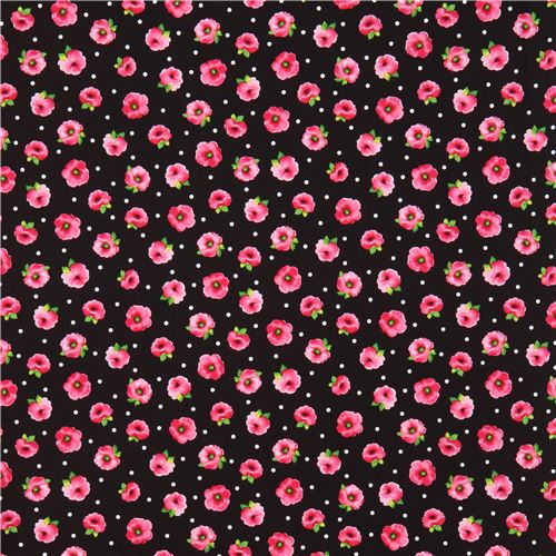 black with white dot fabric with pink flower Quilting Treasures  2