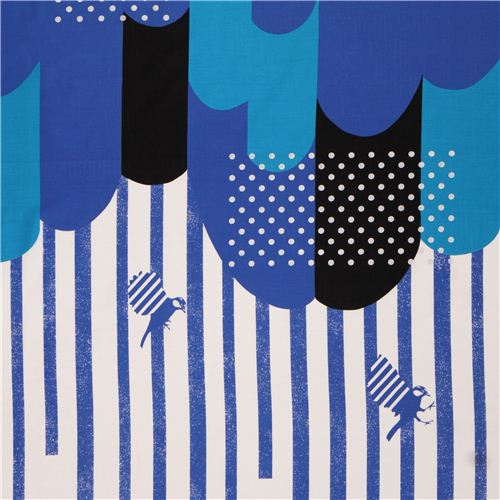 Tela satén algodón azul negro brillo borde raya nube pájaro de Kokka Japón Tela