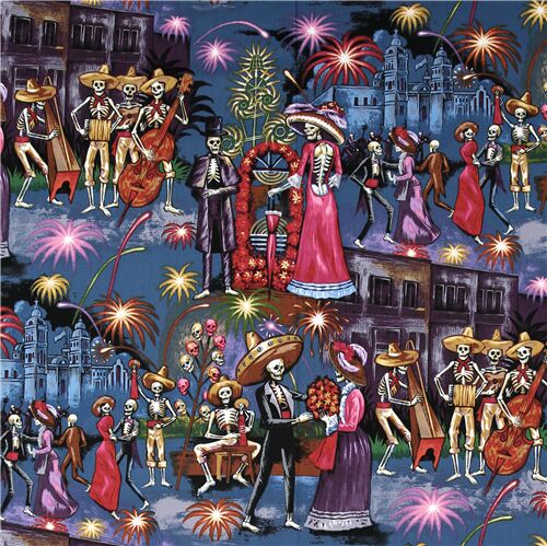 Blue Alexander Henry Fabric With Colorful Skeleton Design Modes4u