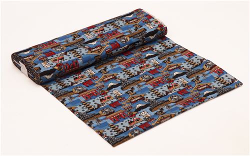 blue Asia mountain lucky cat shrine gold metallic embellishment fabric 4