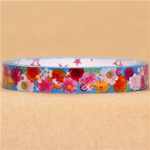 blue Deco Sticky Tape with many colourful flowers Flower Tapes Deco