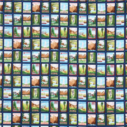 blue 'Explore America' travel national park poster fabric Robert Kaufman  2