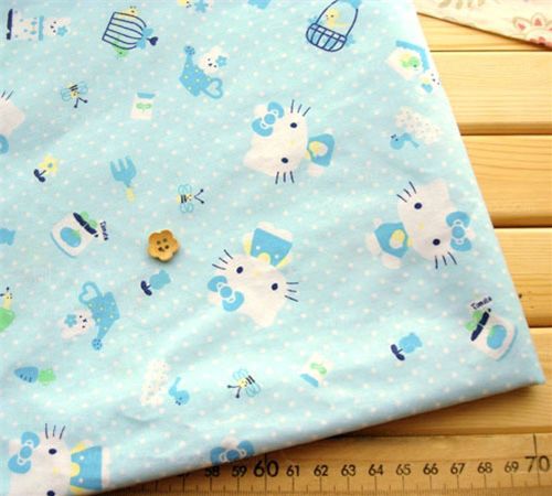 blue Hello Kitty Fabric with pink hearts kawaii 0.5m 1