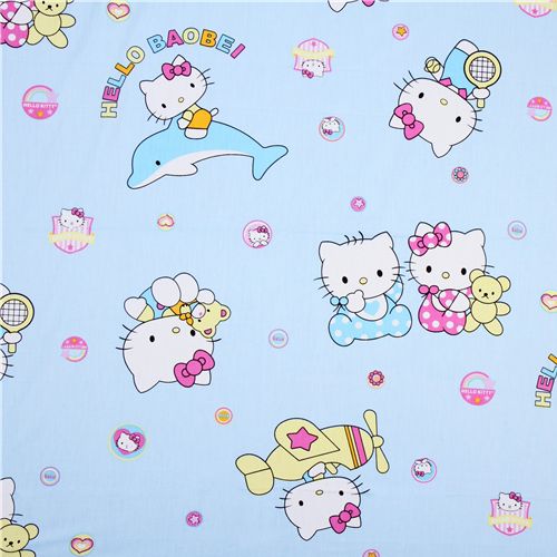 blauer Hello Kitty Stoff mit Delfin, Babys & Flugzeug 1