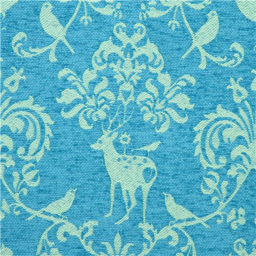 blue Jacquard echino fabric woodland stag deer bird 2