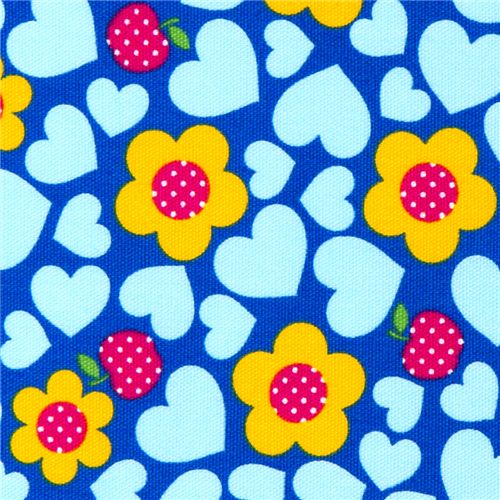 blue Japanese flower fabric with apples hearts 1