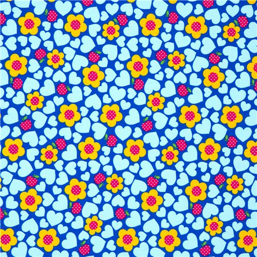 blue Japanese flower fabric with apples hearts 2