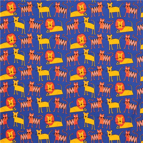 blue Jungle Party lion tiger animal fabric by Robert Kaufman by Robert