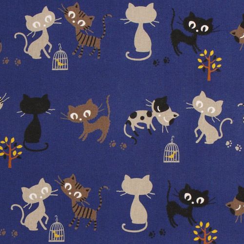 blue Kokka canvas fabric black grey kitty Japan 1