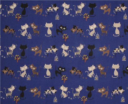 blue Kokka canvas fabric black grey kitty Japan 2