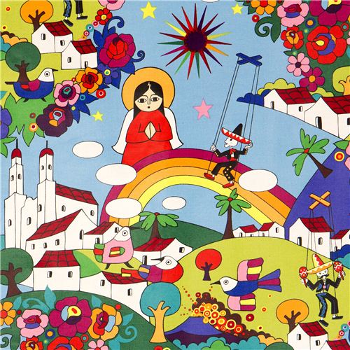 blue Mexican folklore laminate fabric Alexander Henry 1