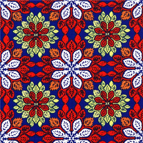 blue Michael Miller fabric with colourful leaf patterns 1