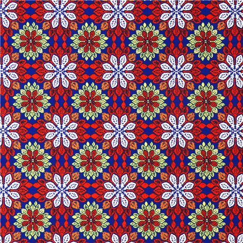 blue Michael Miller fabric with colourful leaf patterns 2